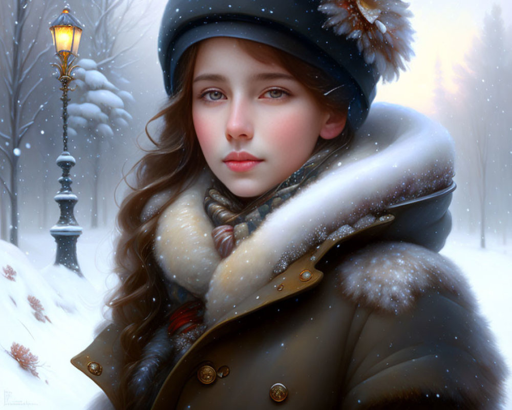 Young woman in winter attire with vintage lamppost and falling snow.