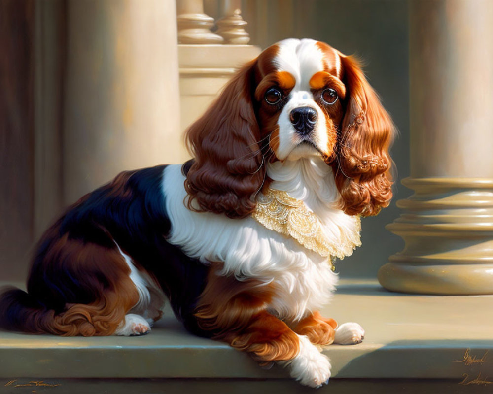Regal Cavalier King Charles Spaniel with Tricolor Coat Beside Stone Columns