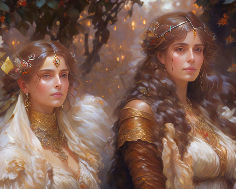 Regal women in golden crowns in ethereal forest setting