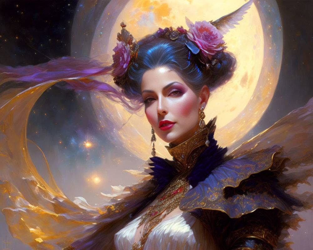 Fantasy woman in ornate attire against cosmic backdrop with moon and galaxies
