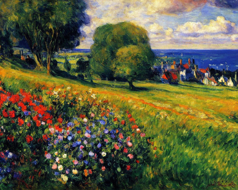 Colorful impressionist painting of lush countryside with flowers and houses.