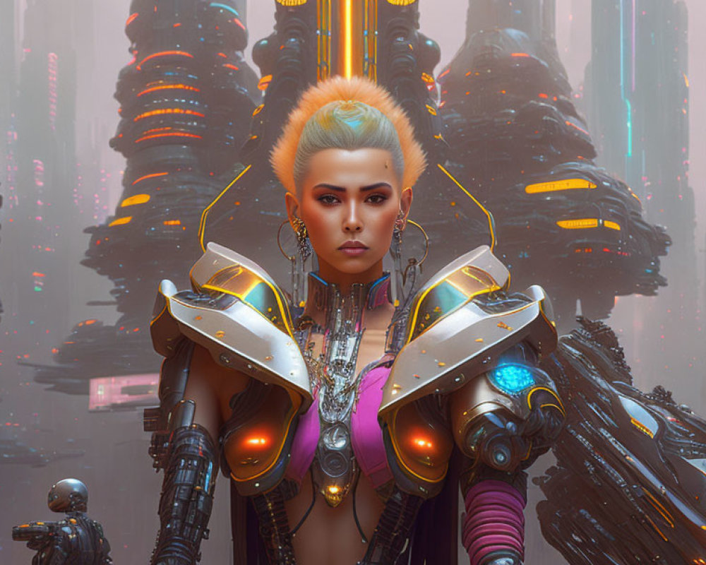 Cybernetic woman with mohawk in futuristic armor against neon cityscape