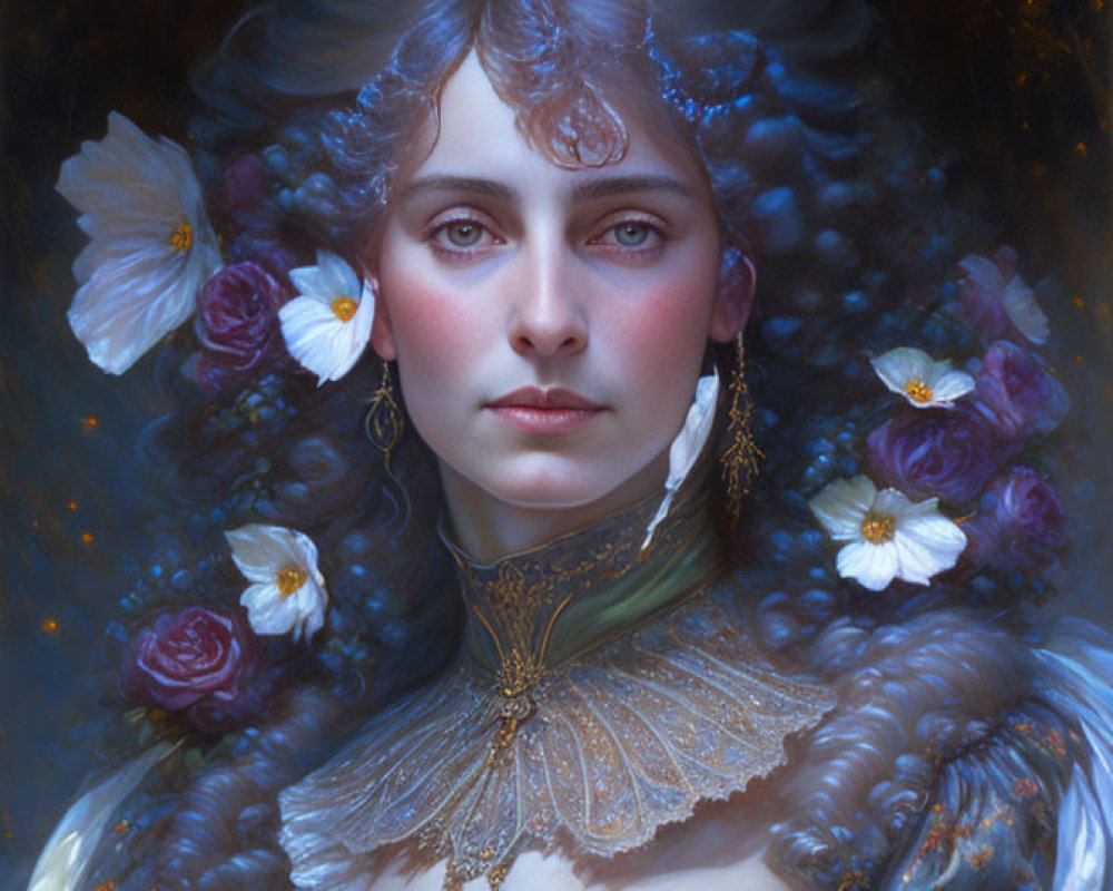 Detailed portrait of woman with braids, flowers, butterflies, and intricate gown