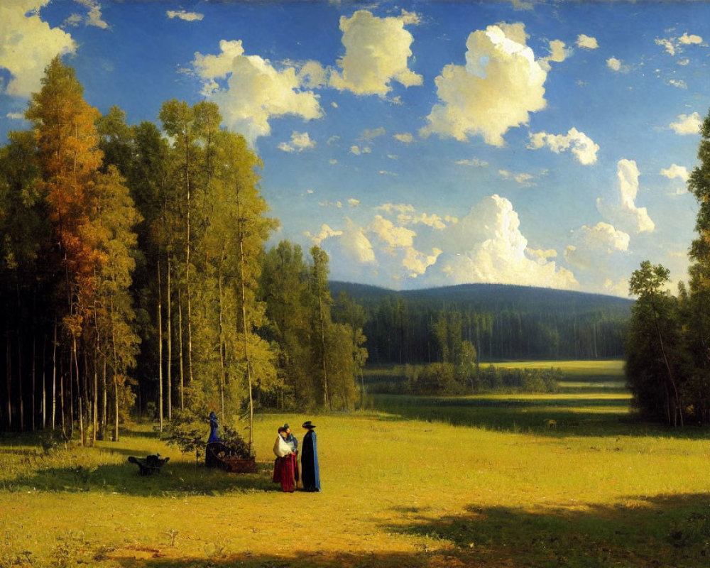 Tranquil landscape with forest, field, women in dresses, and carriage