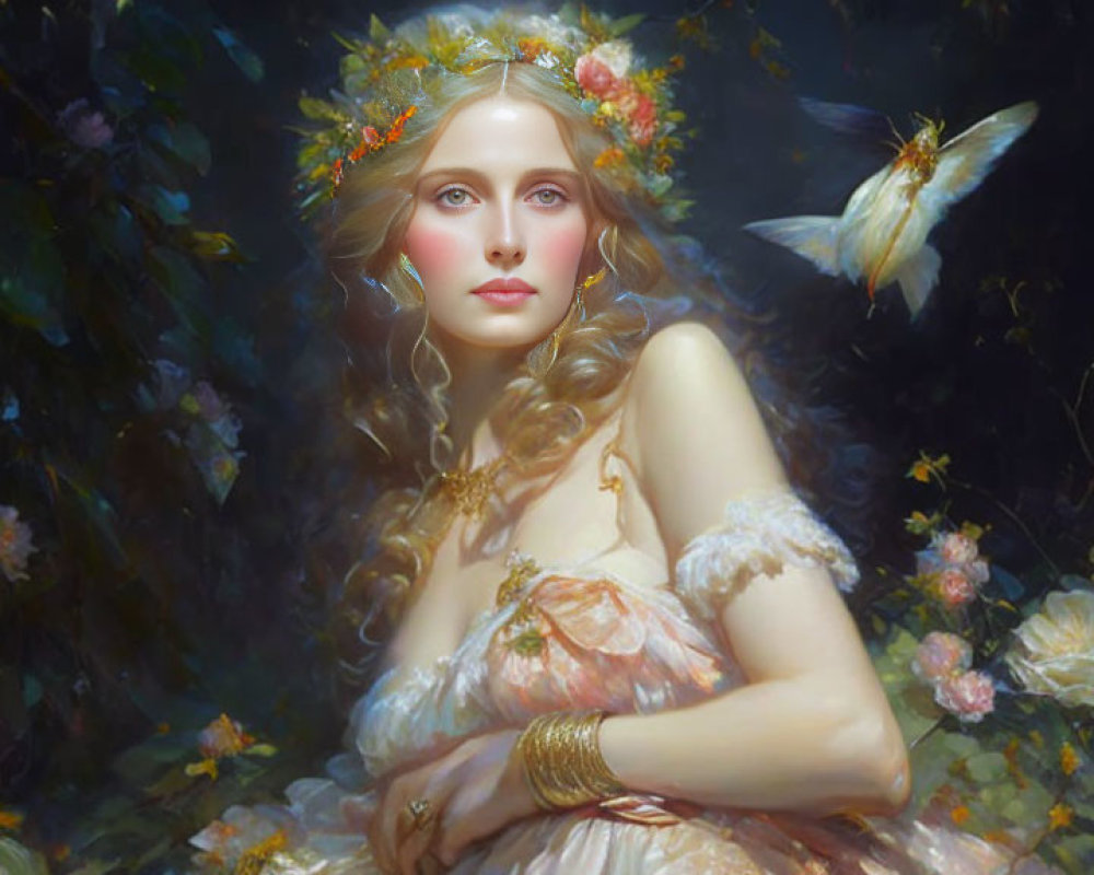 Woman with floral wreath in mystical forest gazes at luminous butterfly