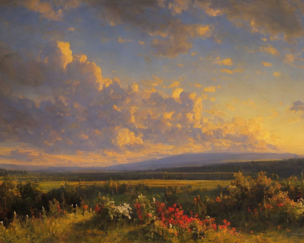 Panoramic landscape painting of serene field at sunrise/sunset