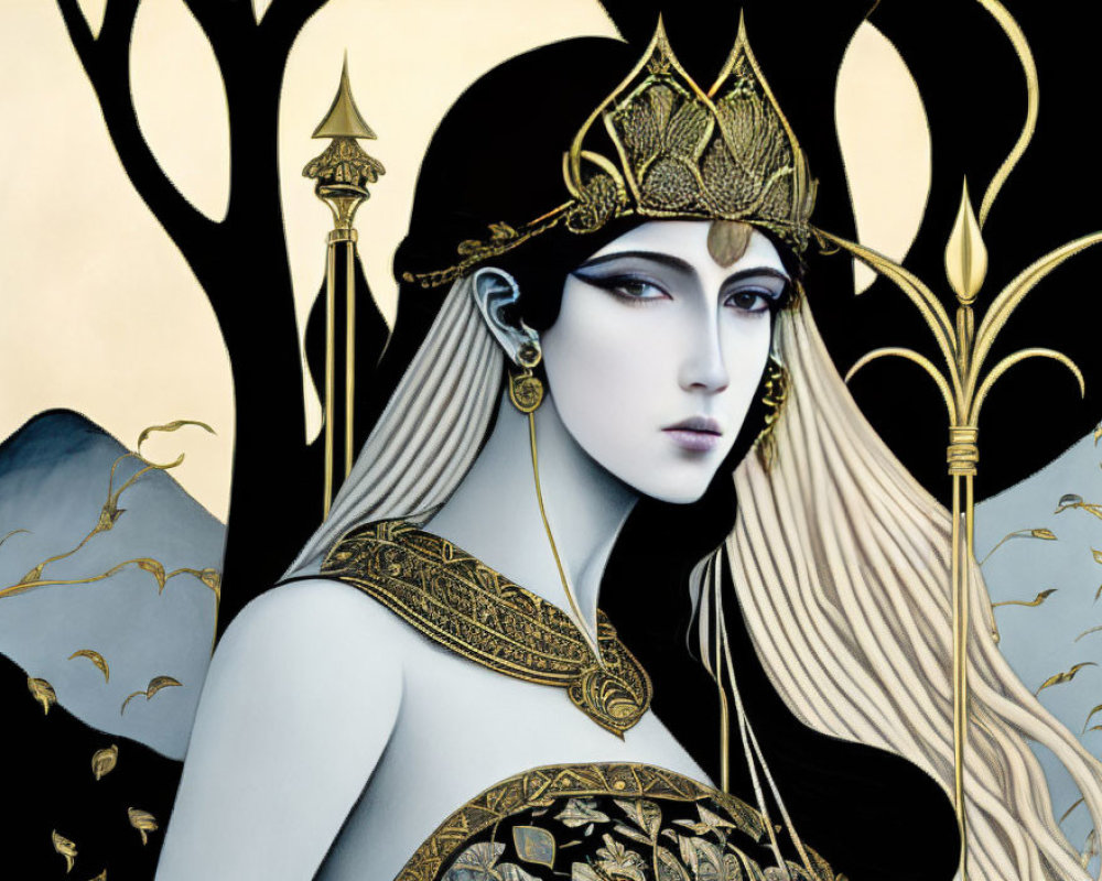 Pale-skinned woman in gold armor and staff, white hair, black tree backdrop
