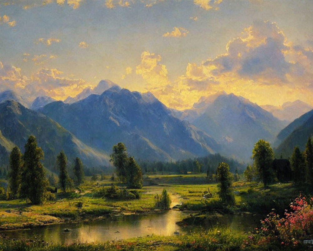 Tranquil landscape painting of serene river valley