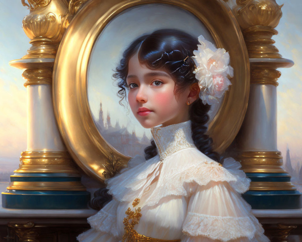 Young girl in vintage white dress with flower in hair by ornate mirror