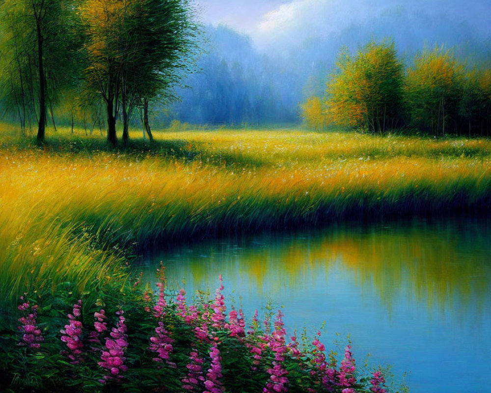 Tranquil River Landscape with Green Trees and Purple Flowers