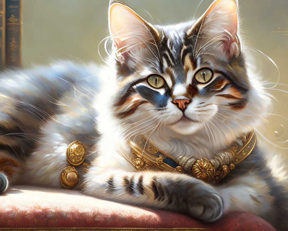 Long-Haired Tabby Cat with Golden Jewelry on Cushion with Bookshelf