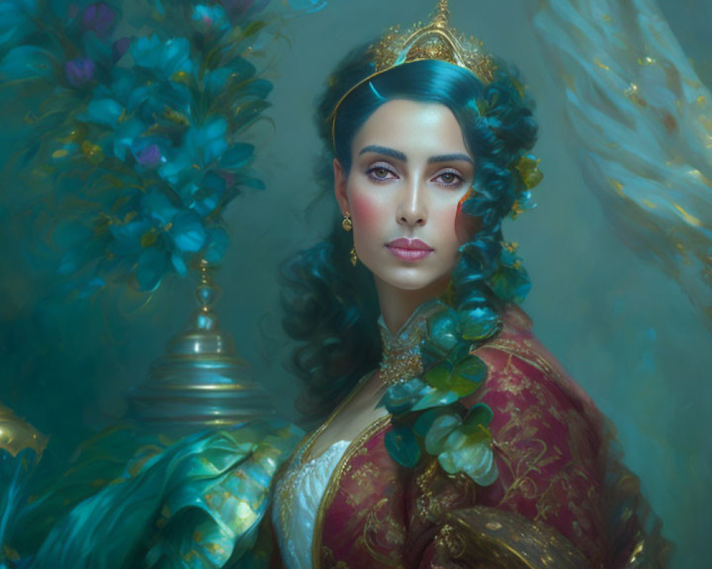 Regal woman in ornate green and gold costume against mystical background