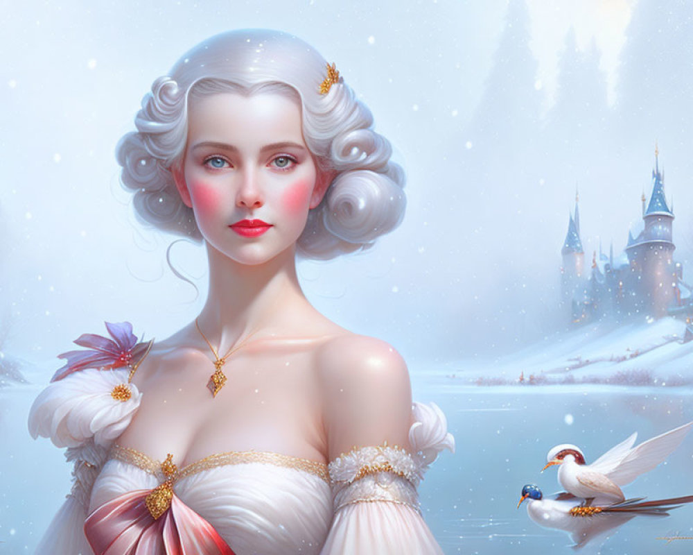 White-Haired Woman in Gold Dress with Swan and Snowy Castle Background