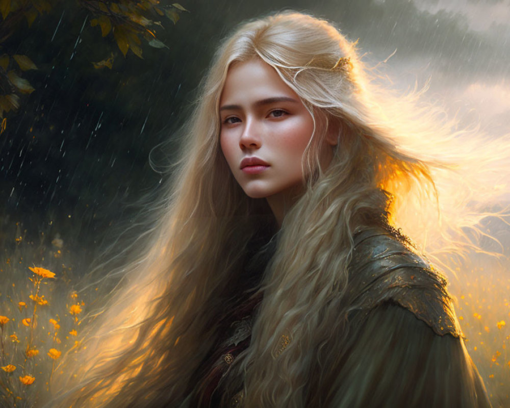 Blonde woman in regal attire stands in sunlit forest