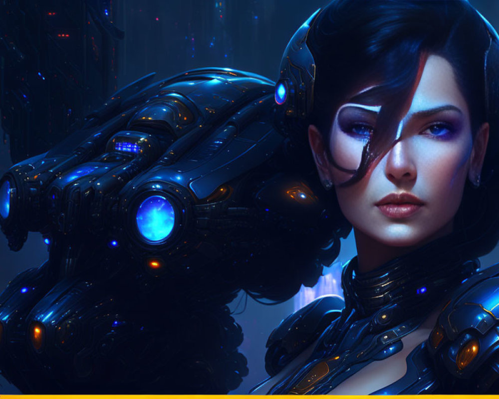 Cybernetic woman in futuristic cityscape with glowing blue accents