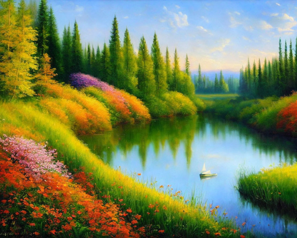 Tranquil landscape with reflective lake and vibrant flora