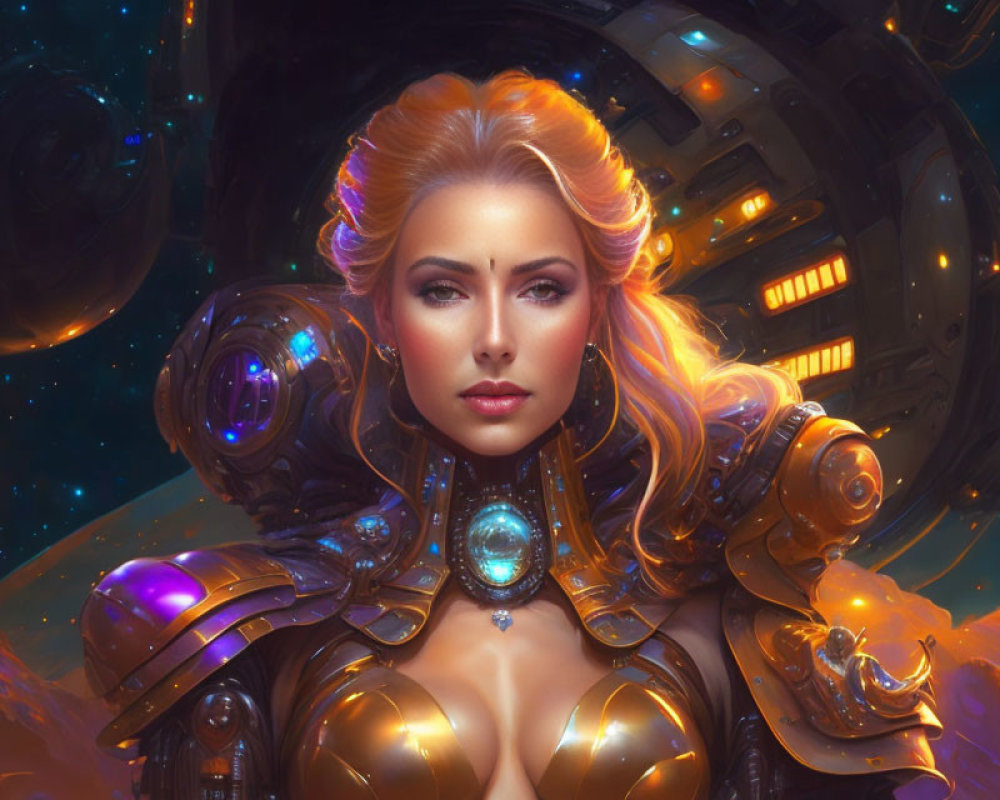 Digital portrait of woman in golden hair and futuristic armor in cosmic setting.