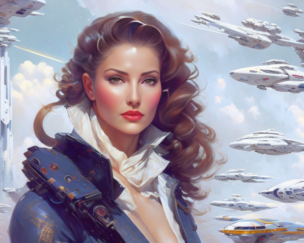 Futuristic digital artwork: woman with wavy hair and sci-fi vehicles
