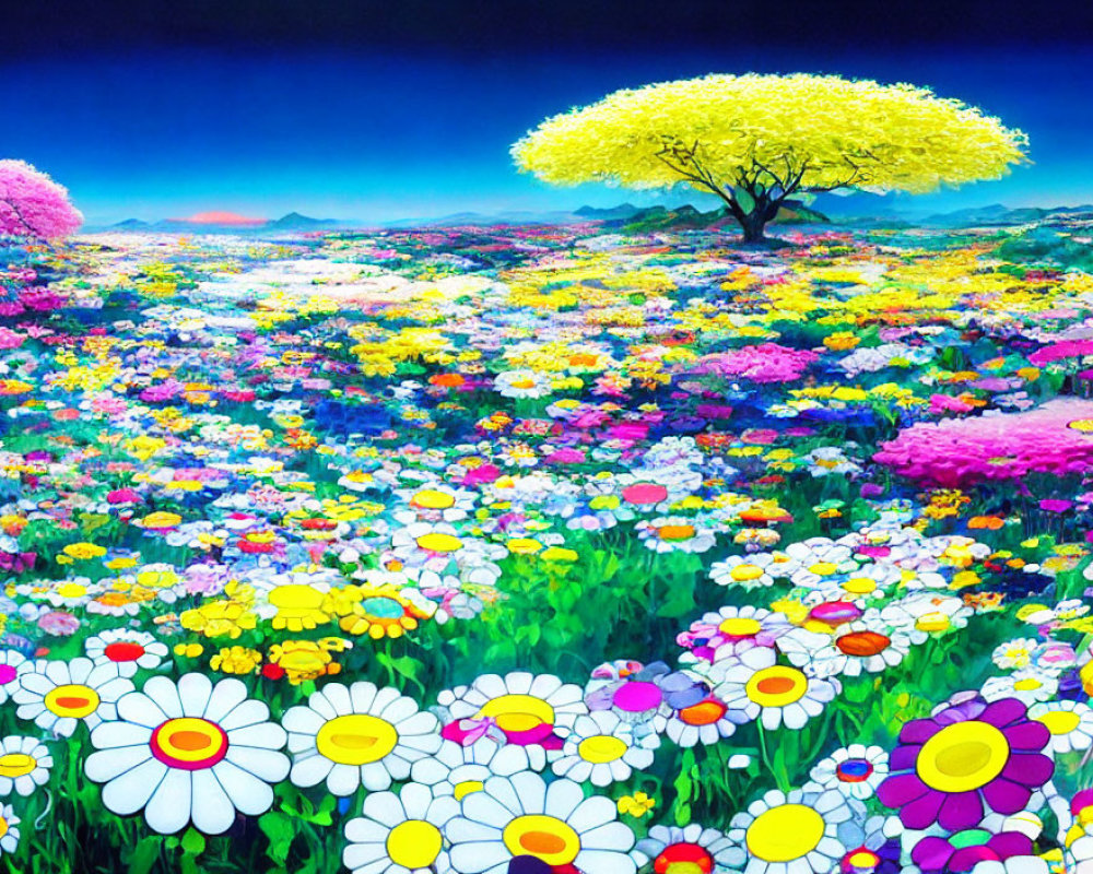 Colorful Flower Field Painting with Yellow Tree