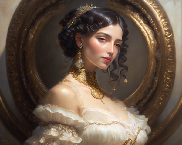 Dark-haired woman in vintage dress and gold jewelry framed in ornate oval frame