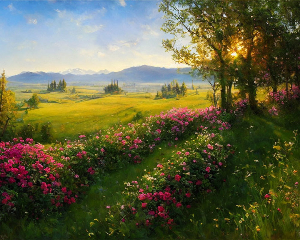 Tranquil landscape with green hills, pink flowers, trees, and radiant sun.