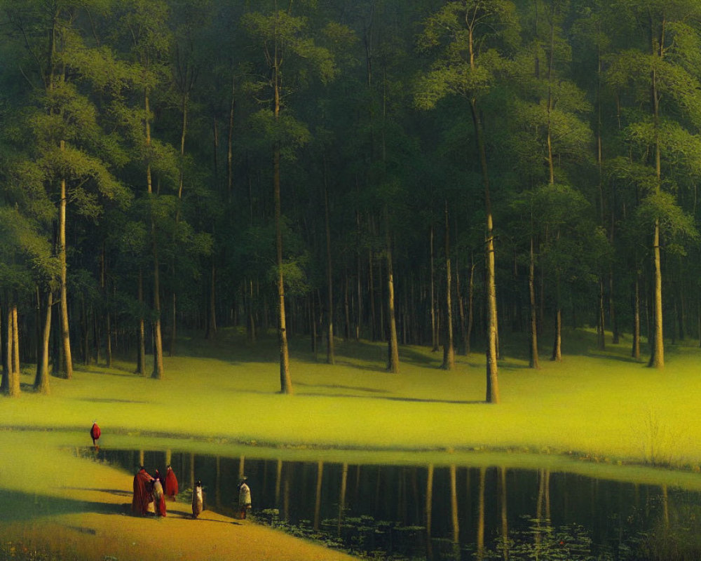 Tranquil landscape with tall trees, gentle river, and people in traditional attire