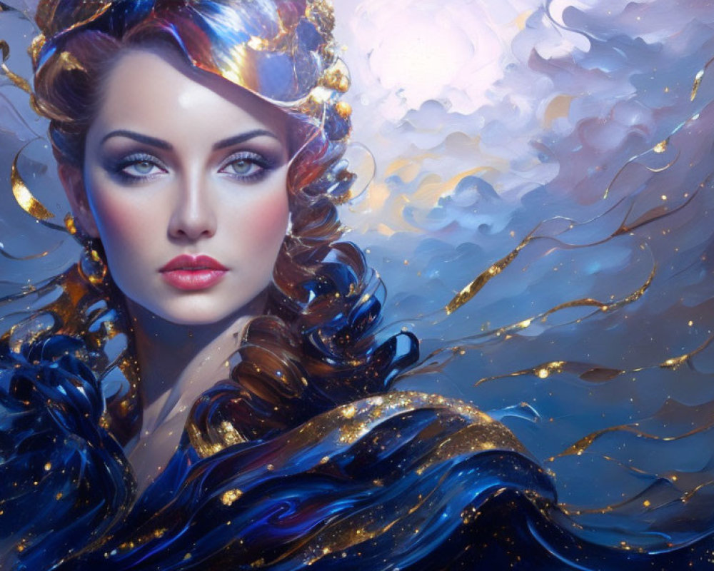 Fantasy portrait of a woman in deep blue and gold attire with flowing hair in celestial setting