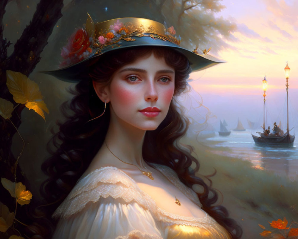 Woman with Dark Hair in Flowered Hat by Misty River Boats