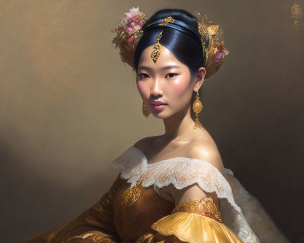 Elegant woman in golden gown with traditional jewelry