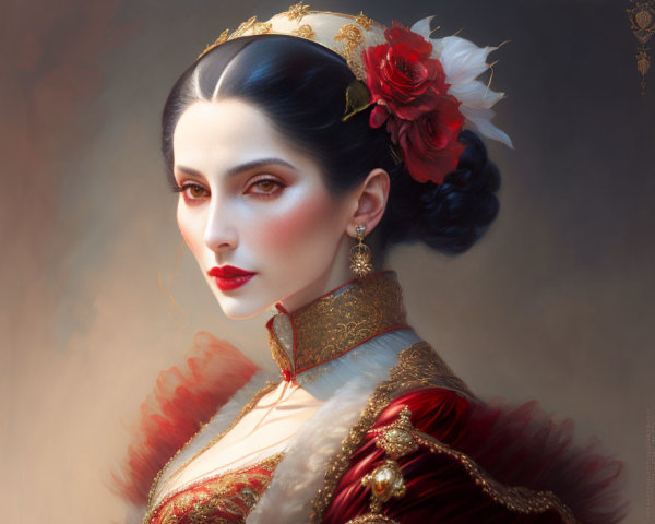 Portrait of woman with elegant hairstyle and red flower, adorned in regal red and gold attire.