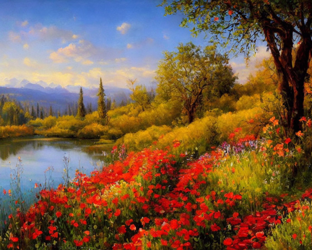 Colorful Meadow Landscape with Flowers, Lake, and Mountains