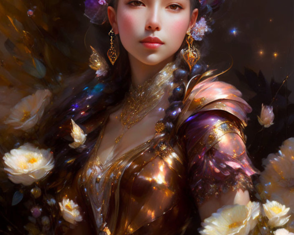 Ethereal woman portrait in golden attire with luminous flowers