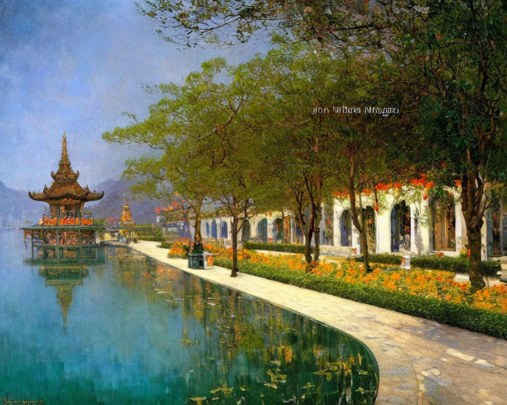 Tranquil lakeside scene with traditional pavilion, lush trees, water reflection, clear blue sky