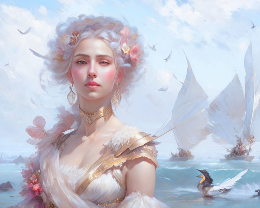 Serene woman in ornate attire in dreamy seascape