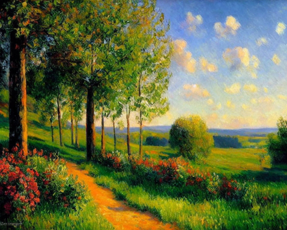 Lush green meadow with tree-lined path and red flowers