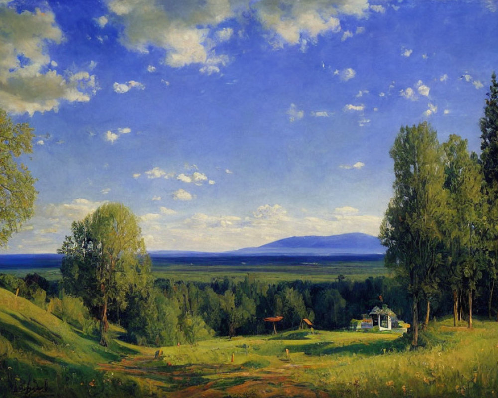 Tranquil landscape painting with lush greenery and distant house