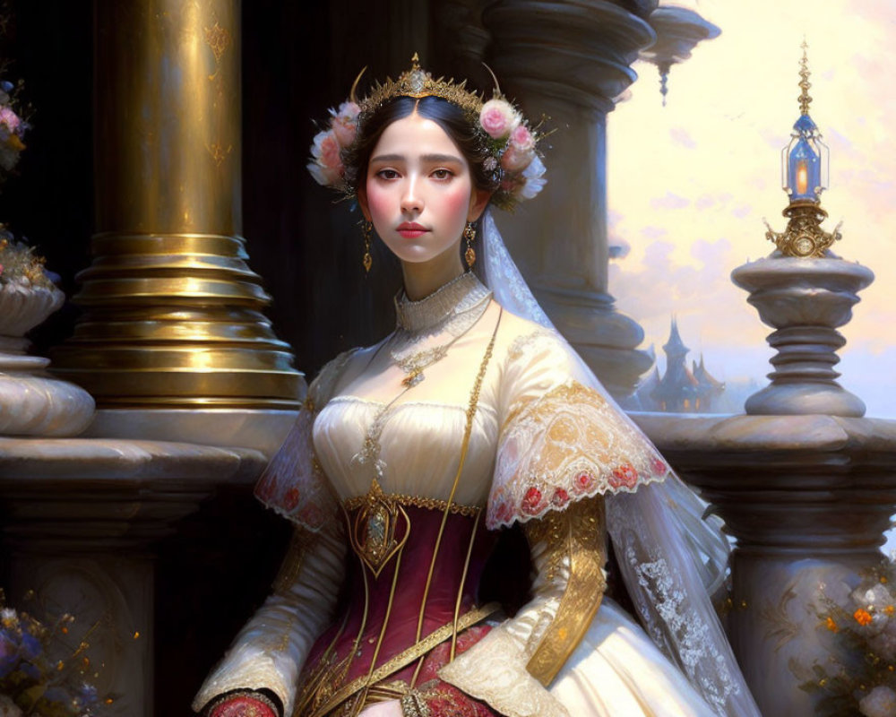 Detailed Renaissance-style gown on elegant woman by marble columns