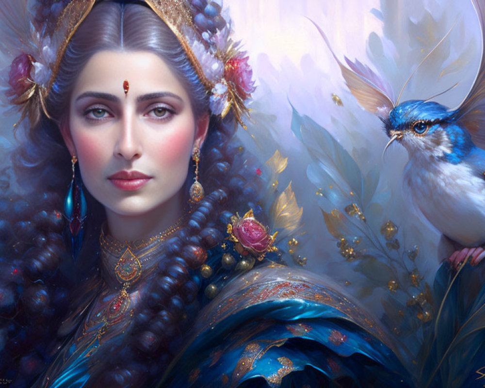 Ethereal woman with ornate headdress and jewelry, vibrant bluebird, soft floral surroundings