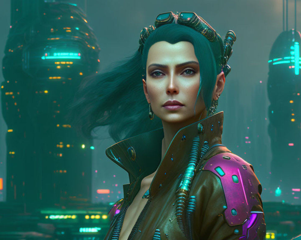 Digital artwork: Dark-haired woman in futuristic attire against neon cyberpunk cityscape