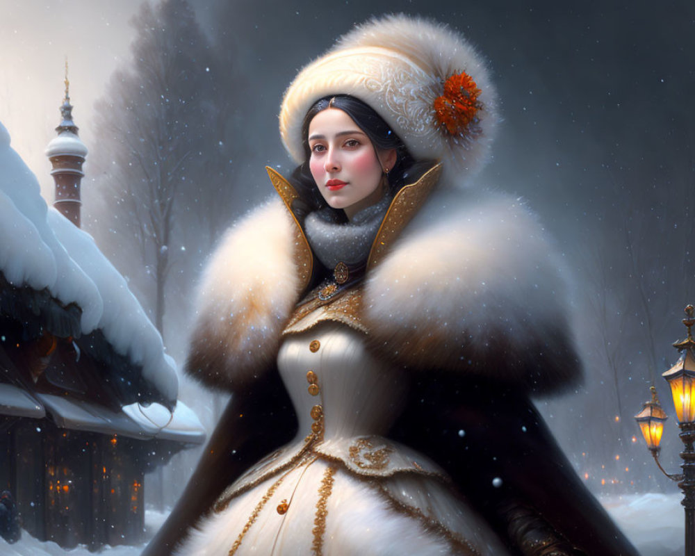 Woman in fur-trimmed winter cloak and hat with orange flower in snowy evening scene