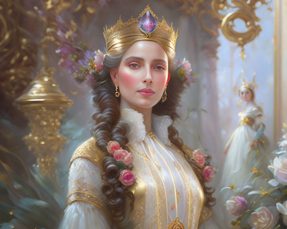 Regal Woman in White Gown with Golden Crown and Floral Accents