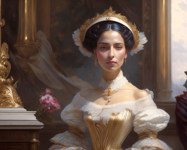 Vintage gown and ornate headdress on elegant woman in soft, luminous setting