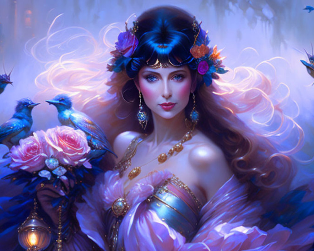 Fantasy illustration of woman with flowing hair and luminescent bluebirds.