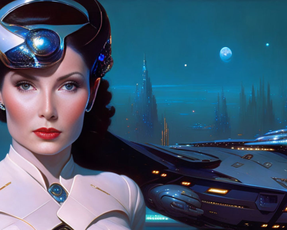 Futuristic female character with elaborate headpiece and city skyline backdrop