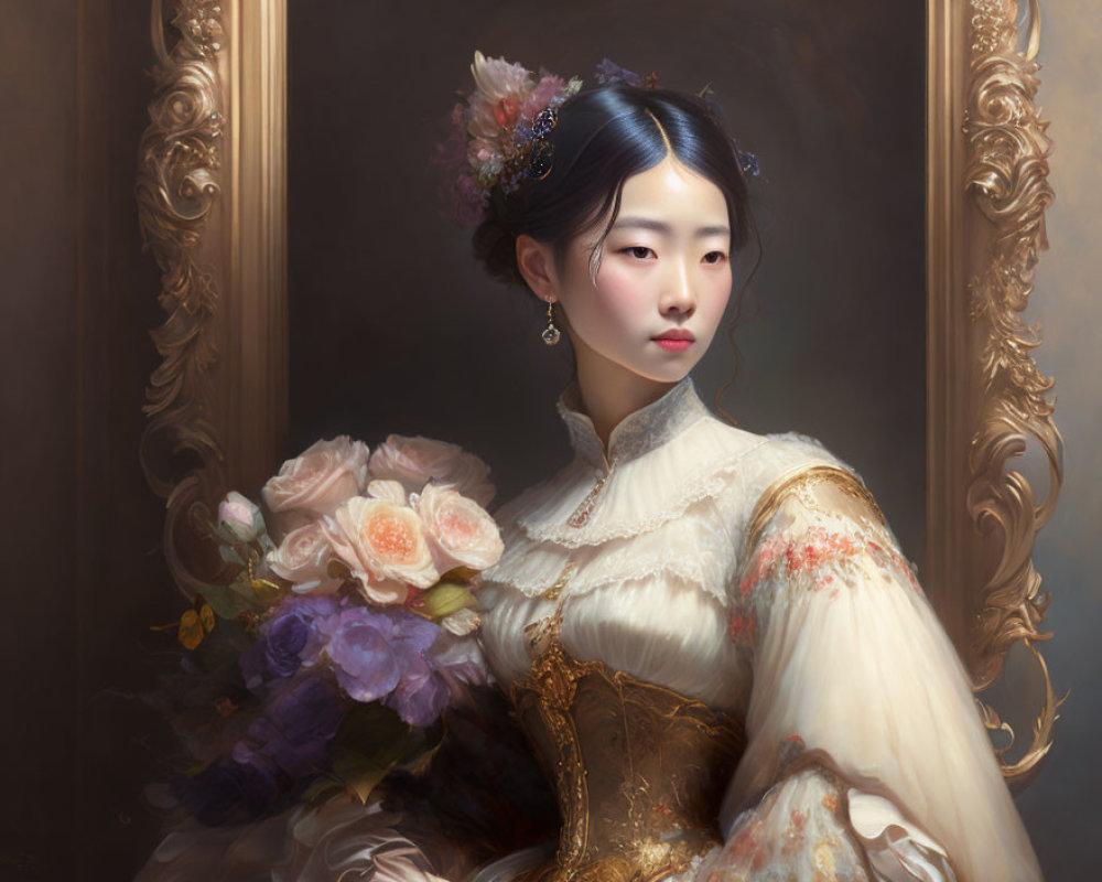 Historical woman portrait with flower hairpin and bouquet in gilded frame