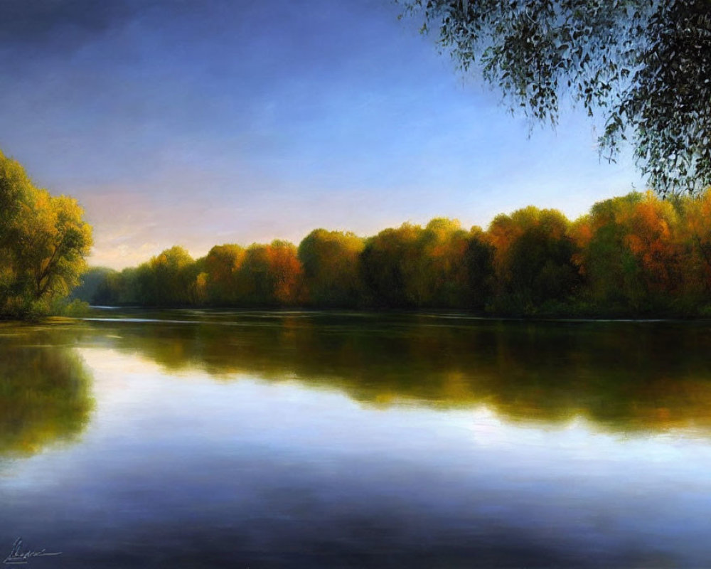 Tranquil autumn river scene with reflective trees and soft light