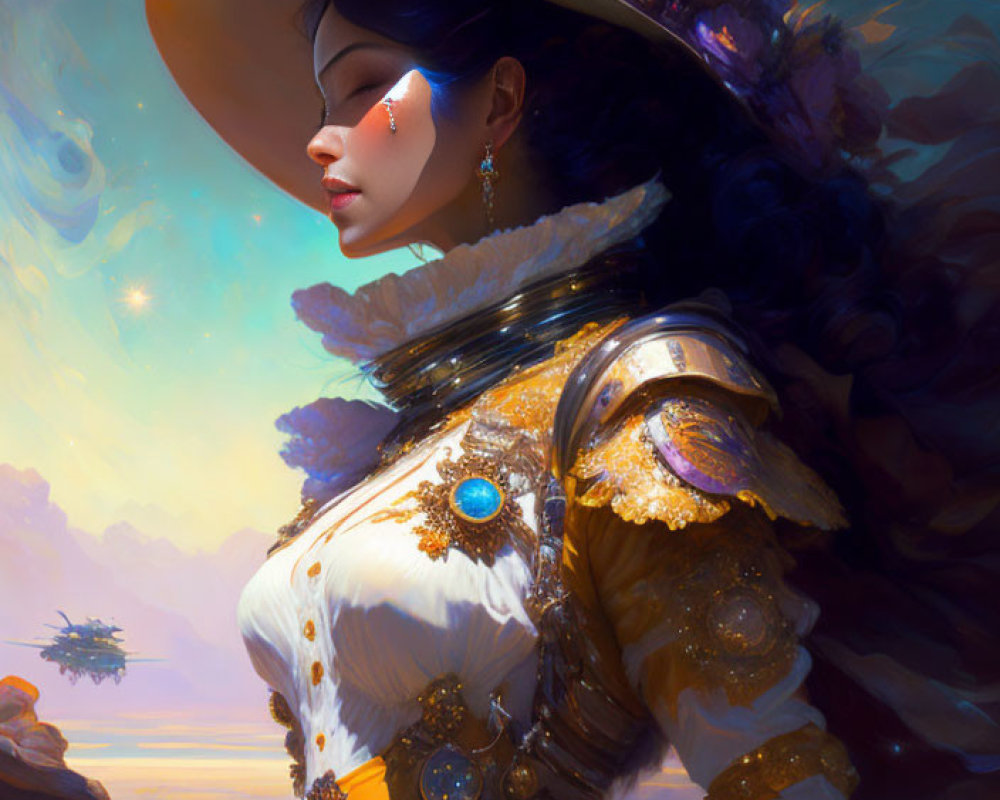 Steampunk-themed digital artwork of a woman in elegant attire