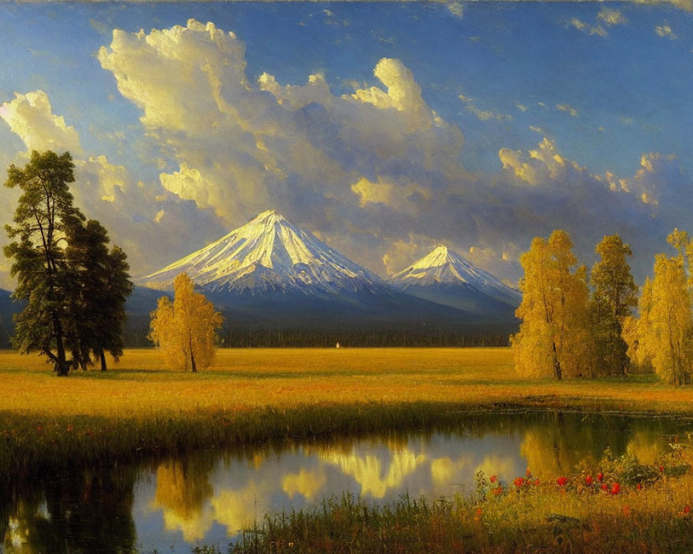 Serene landscape with snow-capped mountains, reflective lake, trees, and wildflowers