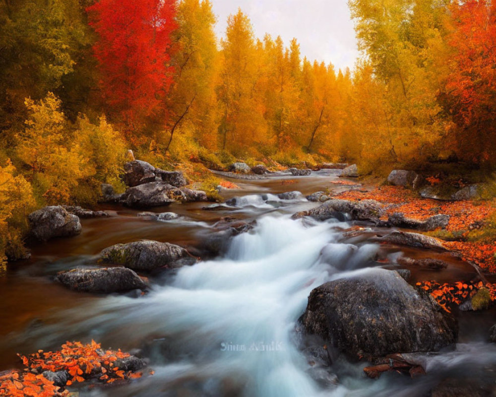 Tranquil autumn river scene with red and orange trees