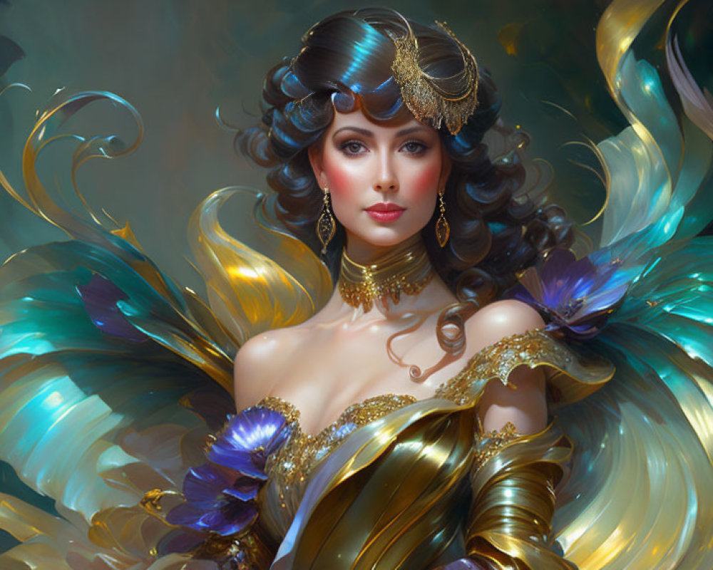 Fantasy digital artwork of elegant female character in ornate golden attire